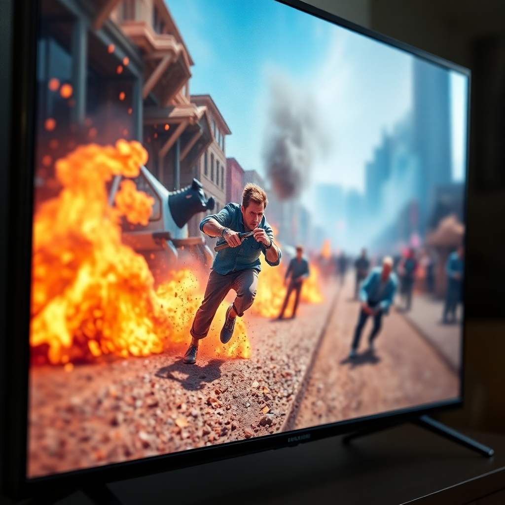 A close-up, photorealistic image of a crystal-clear, high-definition television screen showing a vibrant action scene from a movie. The image should be exceptionally sharp and detailed, showcasing the lack of pixelation or buffering. The background is slightly blurred, focusing attention on the screen.