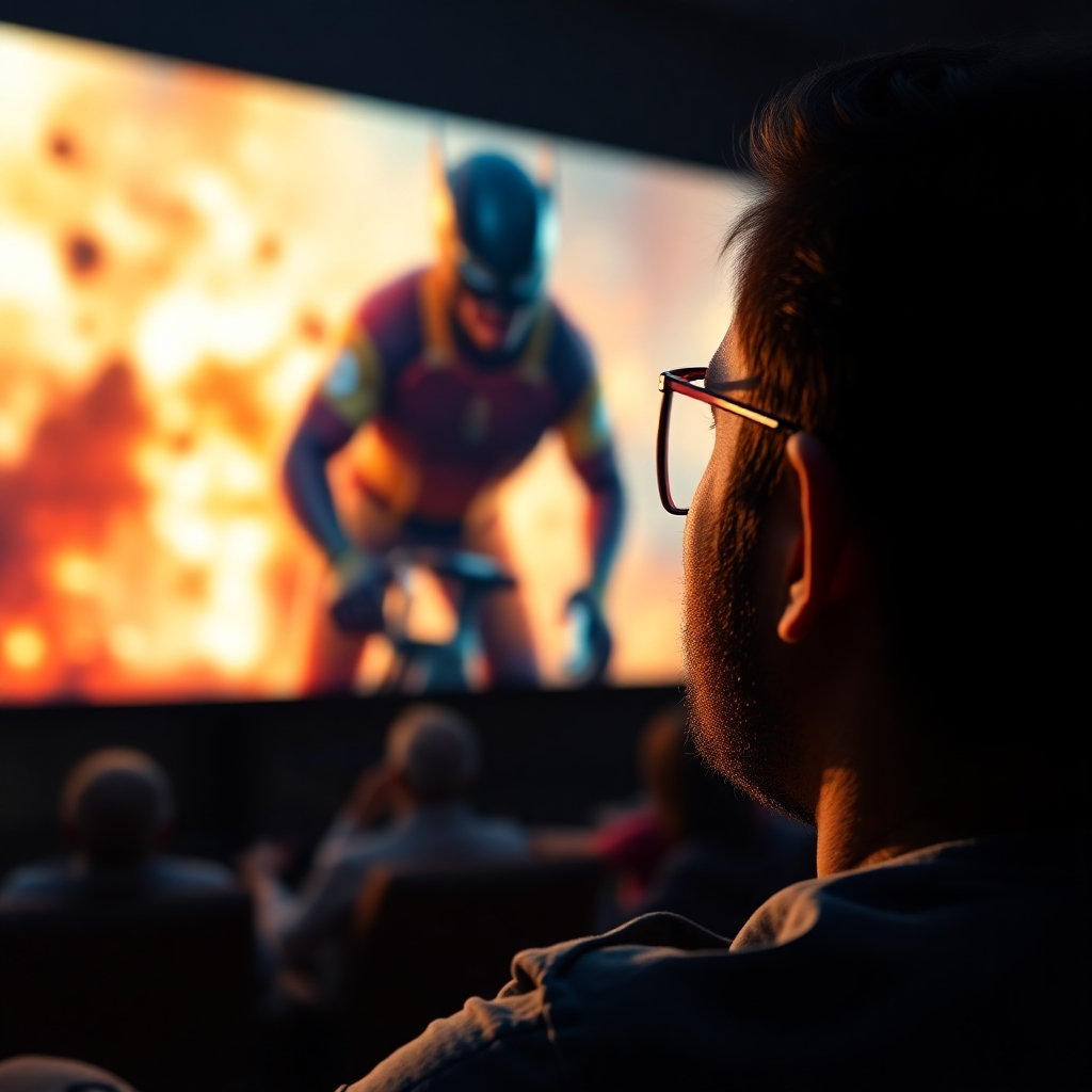 A photorealistic close-up shot of a person watching a vivid, high-definition movie on a large screen. The scene should be action-packed and detailed, highlighting the sharpness, color accuracy, and lack of pixelation or artifacts. The background should be slightly blurred, emphasizing the clarity of the image on the screen. The overall feeling should convey stunning picture quality and a smooth, uninterrupted viewing experience.