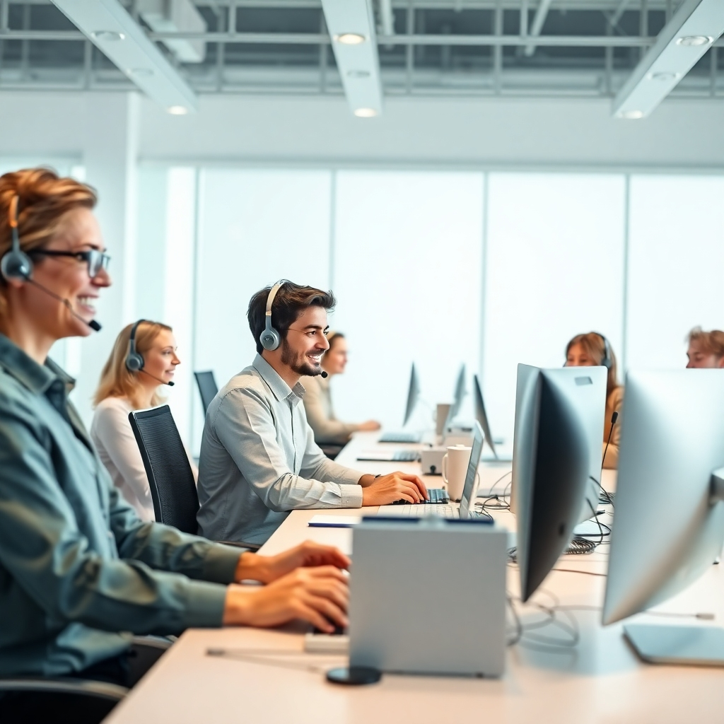 A photorealistic image, 8K resolution, depicting a friendly, diverse customer support team working in a modern, brightly lit office. Soft, diffused lighting creates a calm and welcoming environment. The color palette is bright and airy, using calming blues and greens. The camera angle is slightly elevated, giving a broad view of the team interacting with customers via multiple communication channels - phones, computers, and chat. The image should emphasize teamwork and professionalism, showing diverse individuals collaborating effectively. Highlighting the technology used; clean desks with high-end computers and accessories. The overall mood should be reassuring and trustworthy. The image style should evoke a sense of professionalism and expertise in the style of a corporate brochure photography, with a focus on detail and clarity. Hyperrealistic, ultra-detailed.