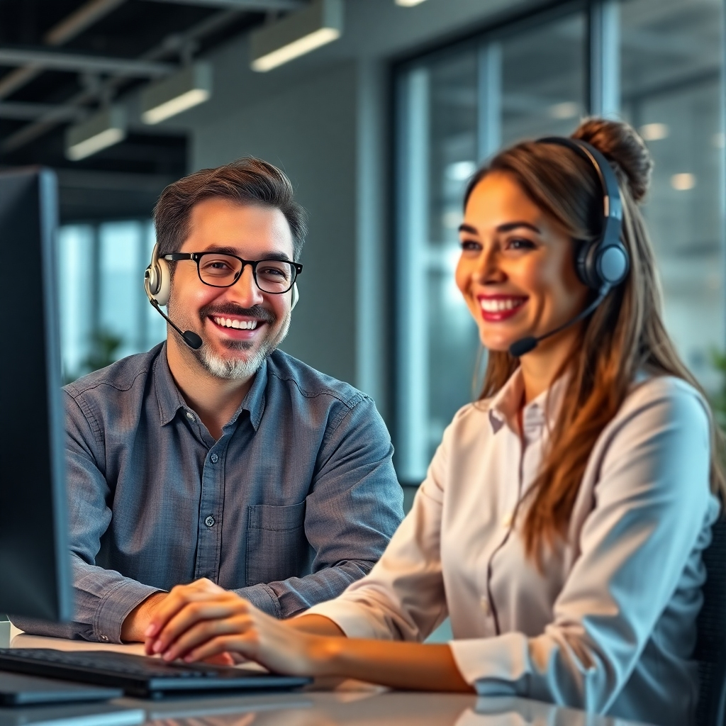 A photorealistic image depicting a friendly, helpful customer support representative on a video call with a satisfied customer. The background shows a modern, well-lit customer support office. The customer's screen shows a positive chat interface with resolved issues. The overall mood is reassuring and positive.
