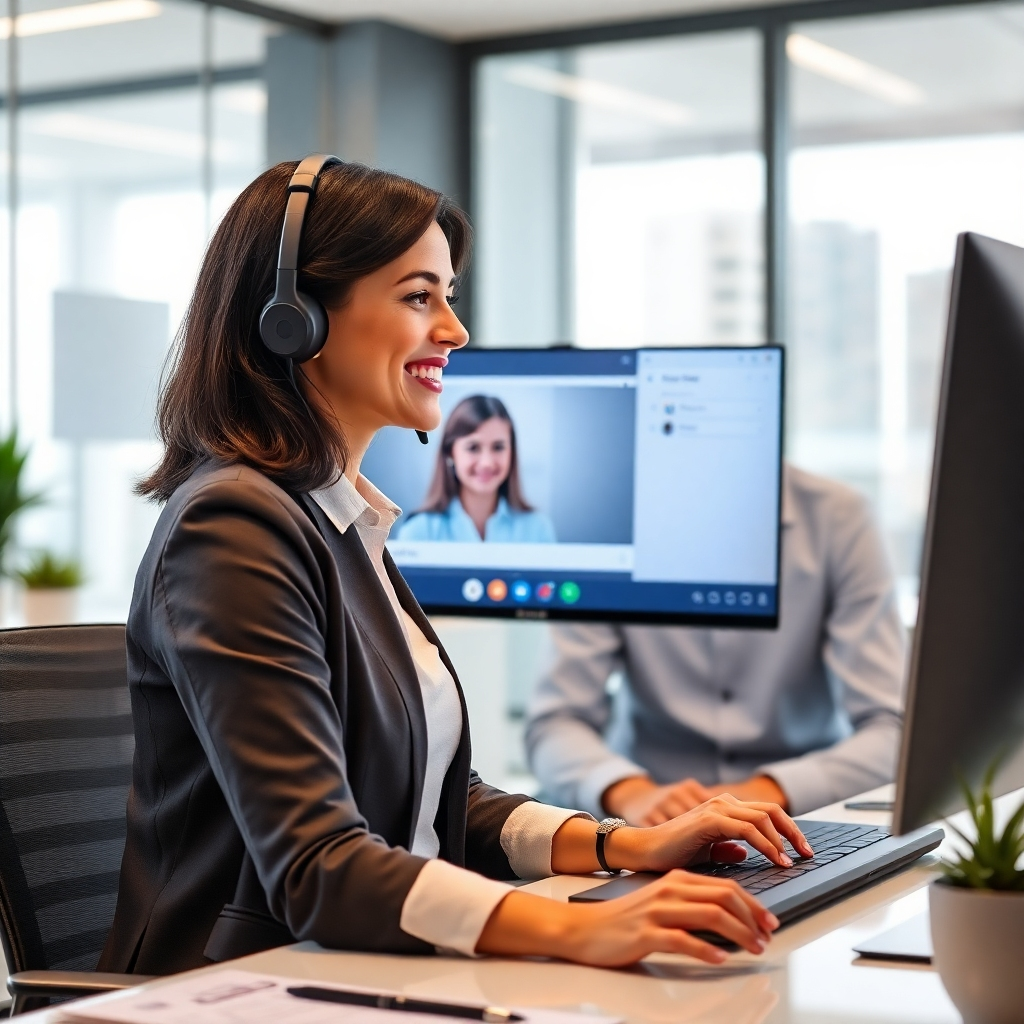 A photorealistic image depicting a friendly, professional customer service representative helping a customer via video chat. The scene should be set in a clean, modern office environment, conveying a sense of professionalism and trustworthiness. The chat window should show a helpful, positive interaction, emphasizing the effectiveness of the support. The overall mood of the image should reflect ease, confidence and effective problem solving.