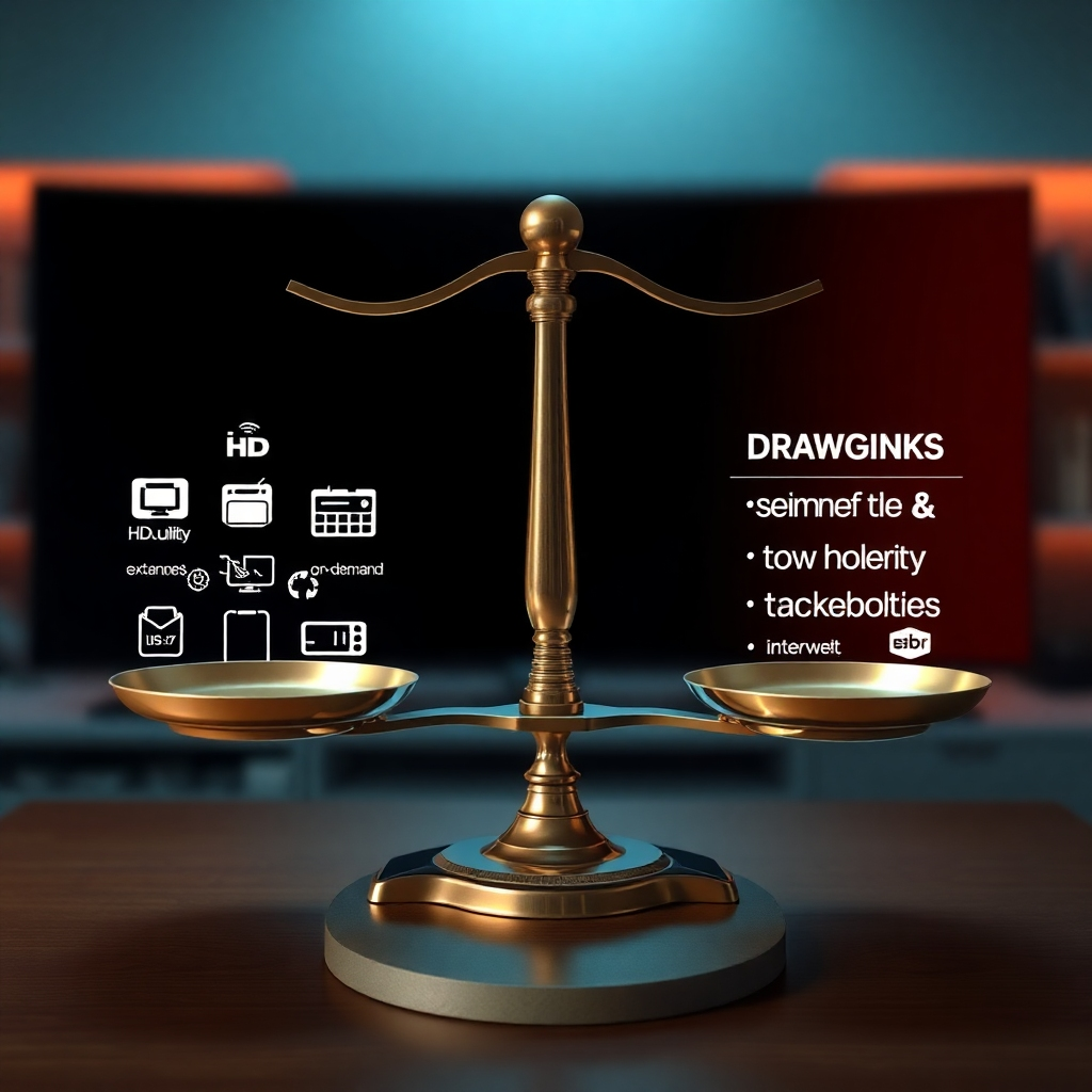 A photorealistic image depicting a weighing scale. On one side, icons representing benefits like HD quality, extensive channel selection, and on-demand content are shown. On the other side, icons depicting drawbacks, such as internet dependency, potential buffering issues, and varying service reliability are displayed. The image should be clean, clear, and easily interpretable, emphasizing the trade-offs involved.