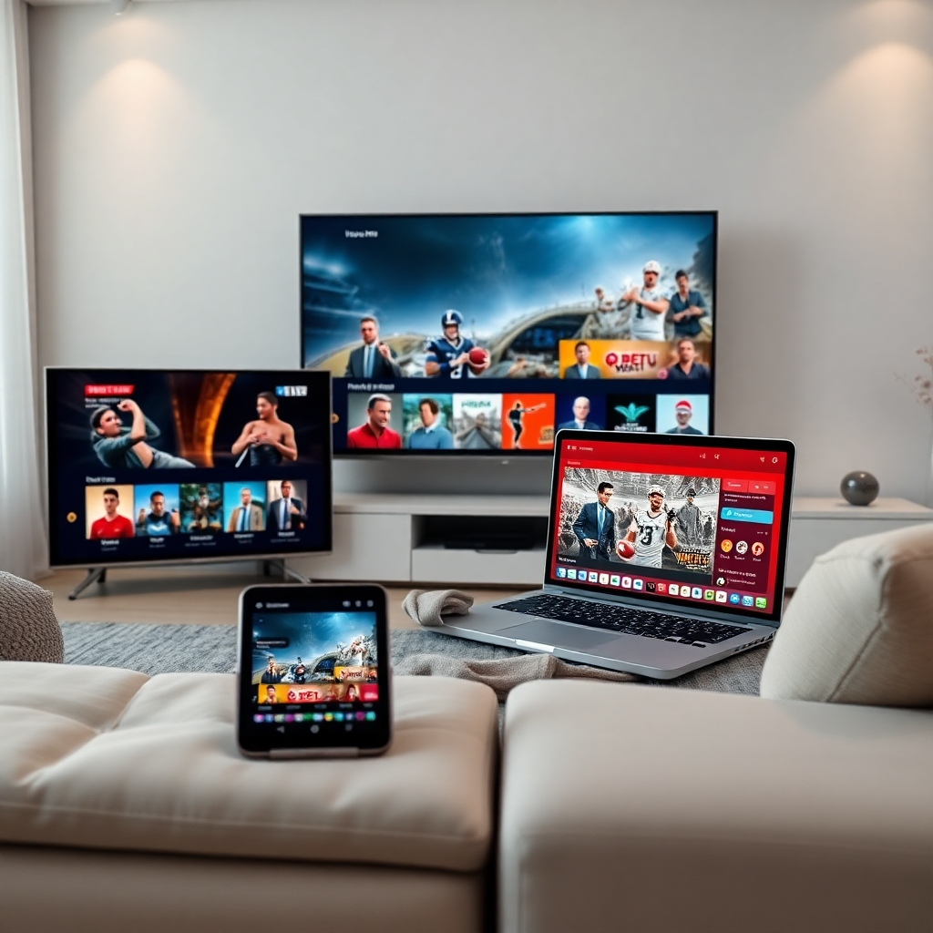 A photorealistic image in 8K resolution showing a variety of devices seamlessly streaming content from Best IPTV Africa. The image should be vibrant and sharp, with a clean color palette focusing on the devices themselves. The lighting should be soft and even, highlighting the screens and surfaces of each device. A tablet, a smartphone, a laptop, and a smart TV should be depicted, each showing different aspects of Best IPTV Africa's streaming content (movies, sports, news). The angle should be from a slightly elevated perspective, creating a dynamic visual flow. Focus on realistic details like screen reflections and the textures of each device (metal, glass, fabric). The background should be a modern and minimalist living room, further emphasizing the seamless integration of the service into daily life. The style should be sleek, modern, and luxurious. Hyperrealistic, ultra-detailed.