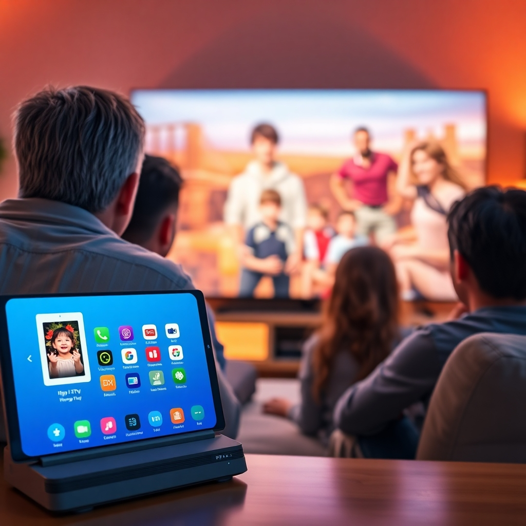 A photorealistic image of a family watching TV on a large screen, with a smart device displaying an IPTV app interface in the foreground. The background should subtly show a high-speed internet router, emphasizing the technology's reliance on internet connectivity. The overall lighting should be warm and inviting, portraying a comfortable home environment.