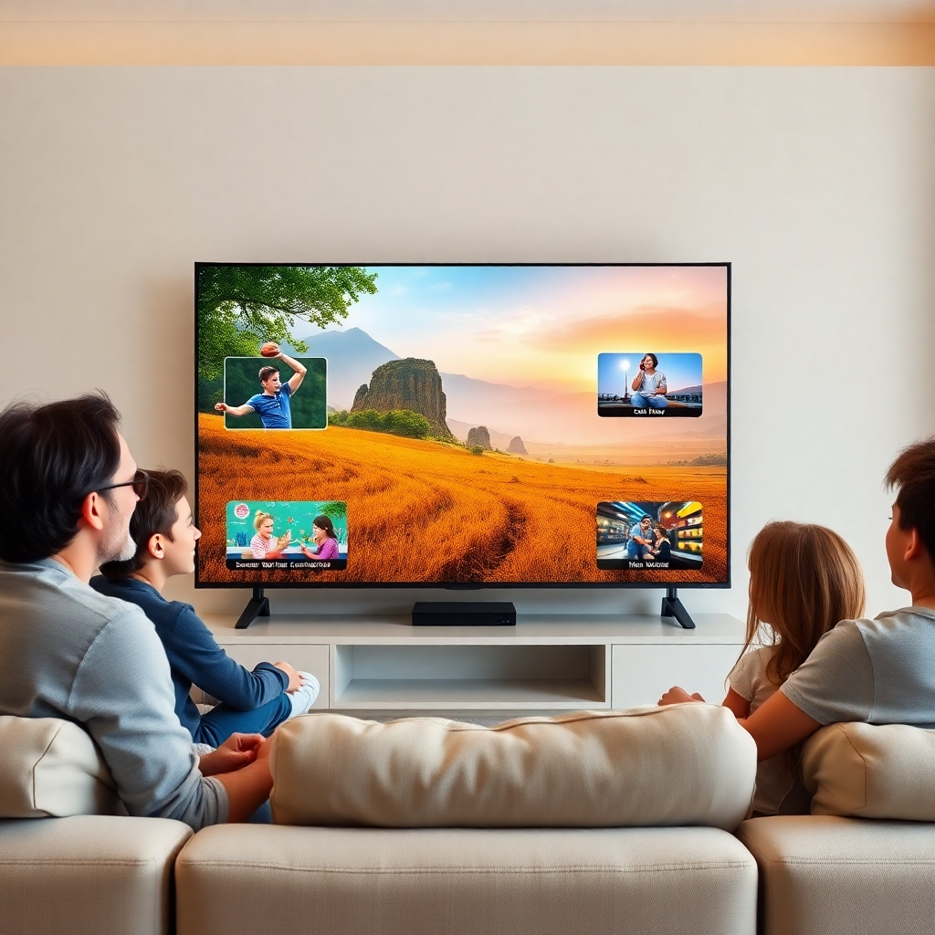 A photorealistic image of a family gathered around a large smart TV, smiling and watching a diverse range of channels displayed simultaneously as small inset screens on the main screen. The main screen shows a nature documentary, while the insets show a sports game, news broadcast, cartoon, and a movie. The living room is bright and modern.