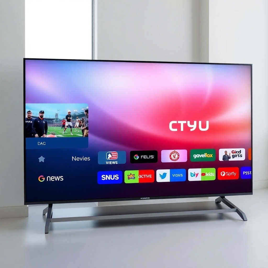 A photorealistic image of a large, high-definition TV screen displaying a split-screen showing a variety of channels, including news, sports, movies, and kids' shows, all with high-quality visuals and clarity. The image should showcase a sleek, modern user interface with clear channel logos and intuitive navigation. The overall impression should be one of abundance and choice.