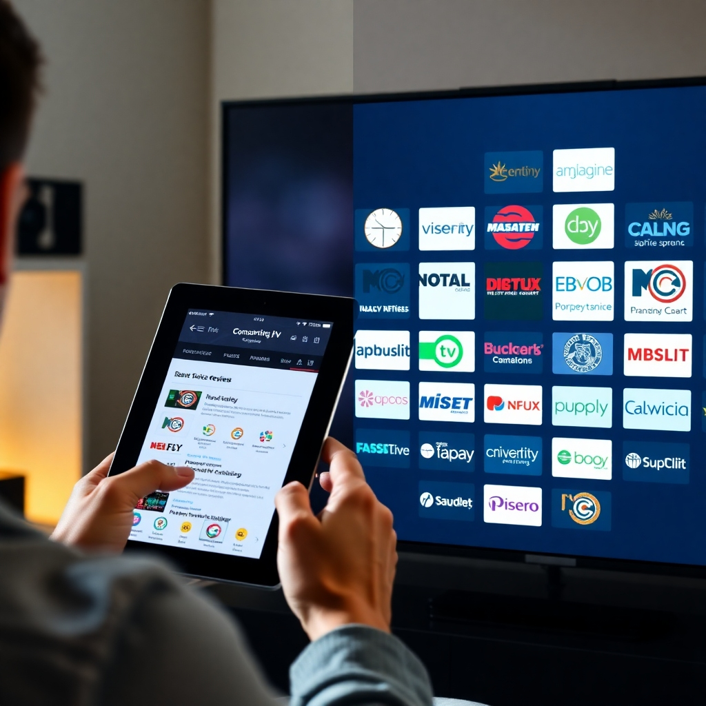 A split-screen image. One side shows a person using a tablet to compare different IPTV providers' websites and user reviews online. The other side displays various logos of well-known IPTV providers, highlighting the abundance of choice available to consumers. The image should have a clean, modern aesthetic with a focus on contrast and clear readability.
